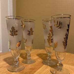 4 Vintage  Libbey Pilsner Froster Gold Leaf 10 Oz Footed Glasses